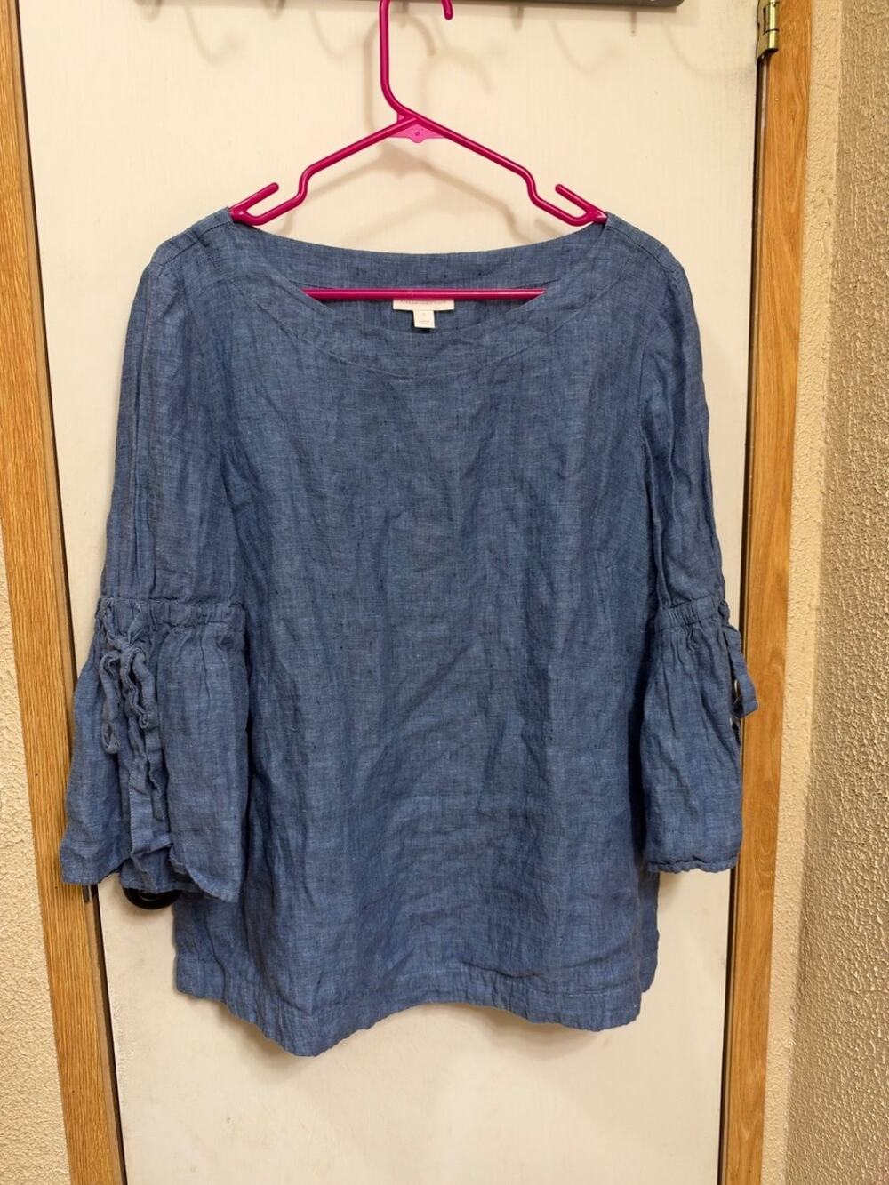 Charter Club Blouse Womens L Blue 100% Linen Tie Bell Sleeve Boat Neck Top 3/4
